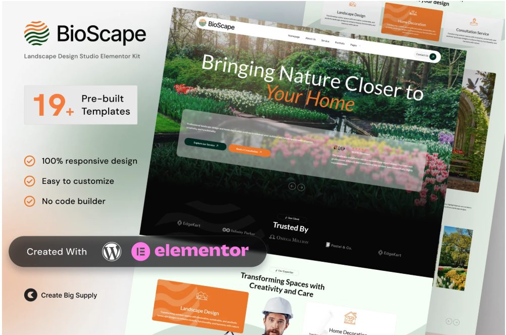 BioScape - Landscape Design and Home Decoration Elementor Template Kit for Outdoor Spaces and Garden