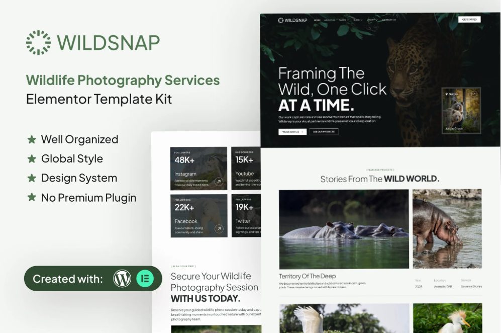 Wildsnap - Kit Templat Elementor Layanan Fotografi Satwa Liar
